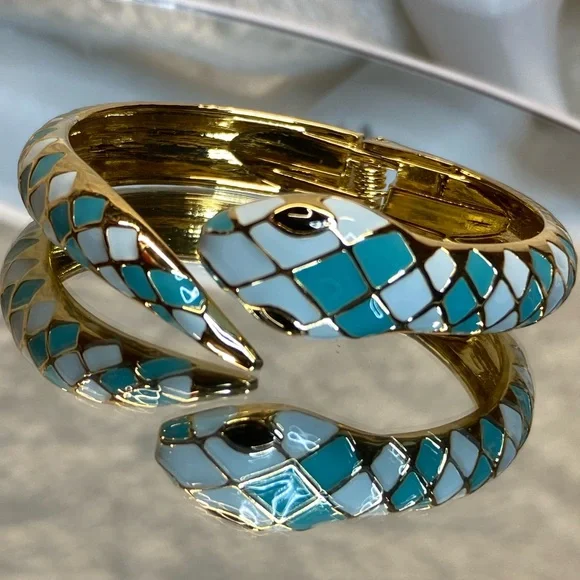 Snake Cuff Bracelet Gold-plated Inlaid Teal & White Enamel Bangle Bracelet sze 8